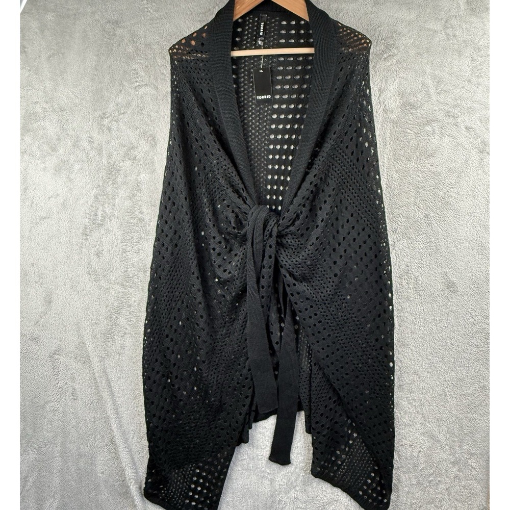 Torrid Shawl Womens‎ M/L Black Crochet Sarong Wrap Pointelle Knit Acrylic NWT